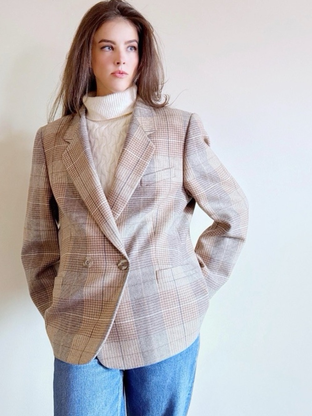 Vintage 90s Beige Plaid, Double Breasted, Classic Wool Blazer